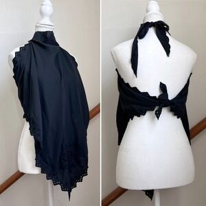 Vintage 70s Halter Top Black Embroidered Eyelet Handkerchief Hem Boho Hippie